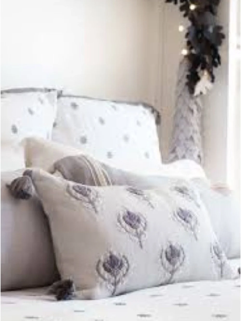 Serena & Lily Cream Lumbar Pillow Case Gray Floral Embroidery Tassels Size 12x21